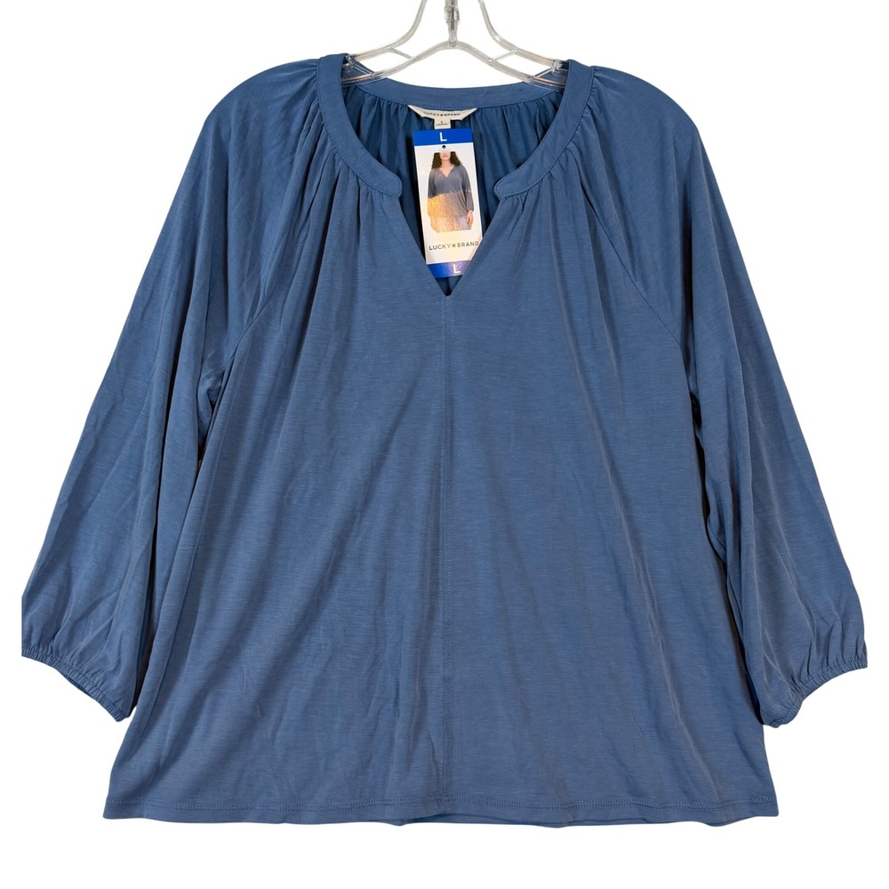 Lucky Brand Womens Blue Split Neck Long Sleeve Modal Blend Blouse •L• Boho Tunic